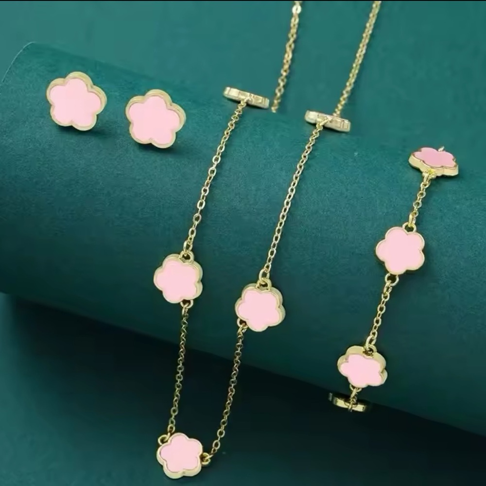 Gold Filled Pink Cloverr Floral Jewelry Set